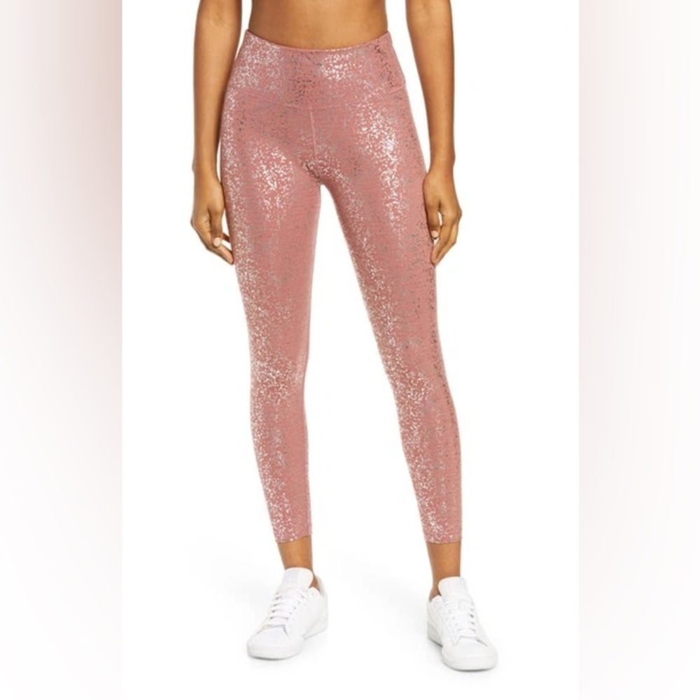 Sweaty Betty Disco Metallic Leggings Size XXS Red Pink Terrazzo Foil Full Length